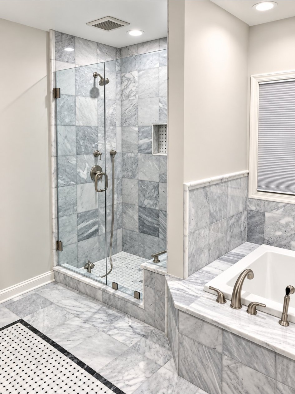 Marble bathroom with glass shower