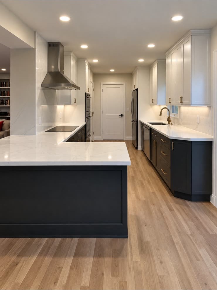 Kitchen remodel with dark island and brass hardware