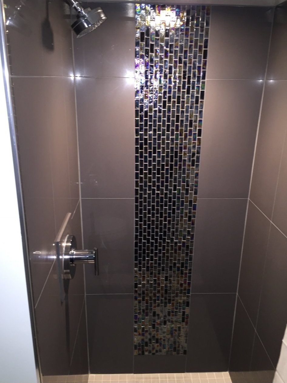 Shower with dark tile and iridescent mosaic accent stripe