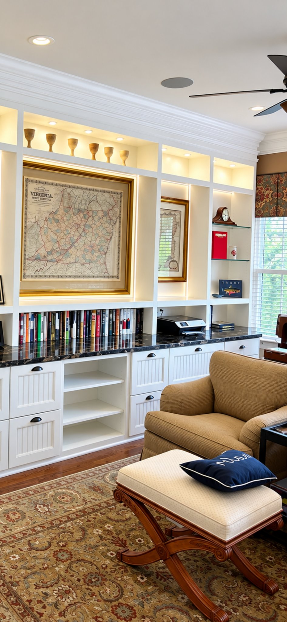 Home office with built-in shelving