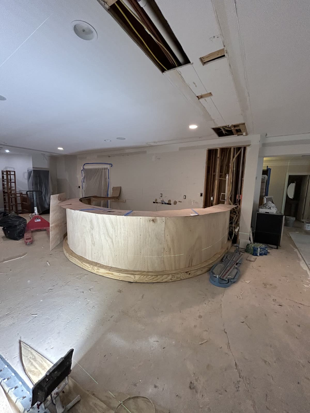 Custom curved bar under construction
