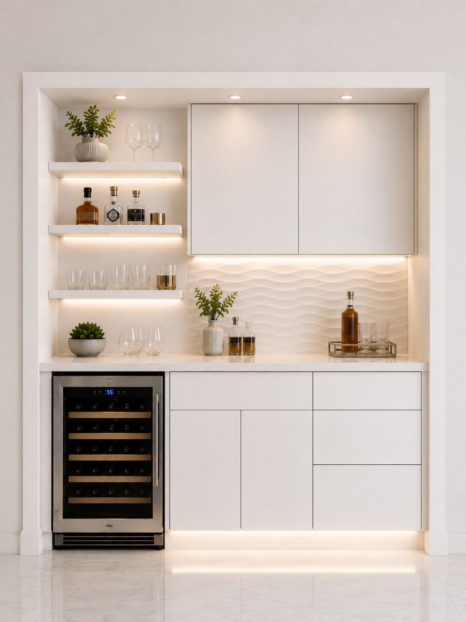 Wet bar with backlit shelving and wine fridge